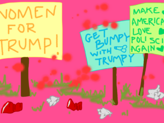 Illustration of signs with pro-Trump messages, and trash on ground